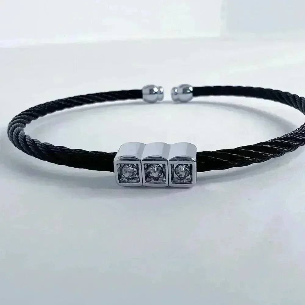 Black Braided Bracelet Rhinestone Bead Adjustable
